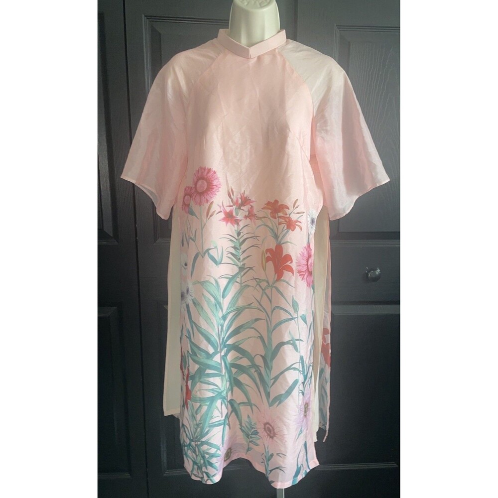 Pink Floral Ao Dai Tunic Top 2XL 40 Bust Sheer Vietnamese Long Top High Slit
